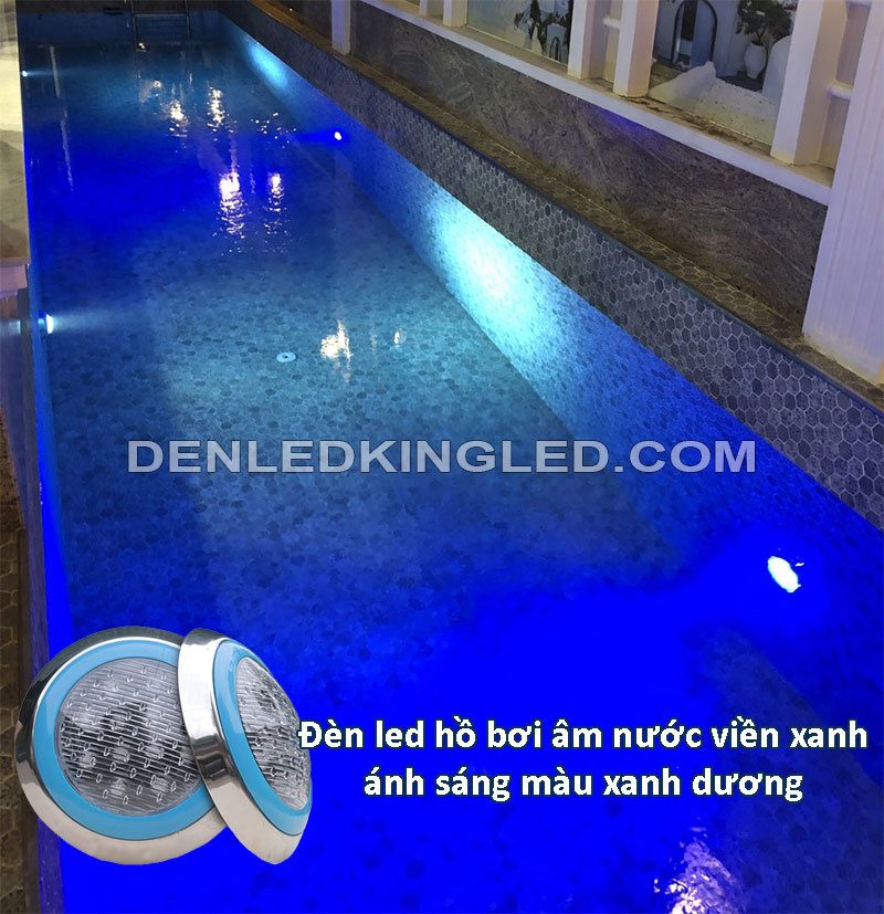 Hình ảnh khách hàng sử dụng đèn led âm nước viền xanh, ánh sáng màu xanh dương để chiếu sáng cho bể bơi